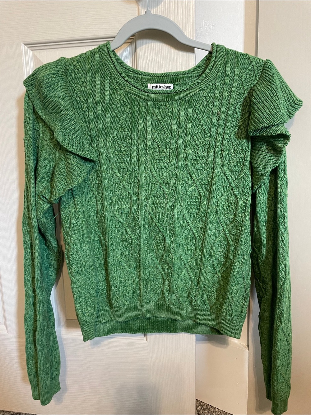 mittoshop Green Ruffled Shoulder Cable Knit Sweater - Picture 2 of 3